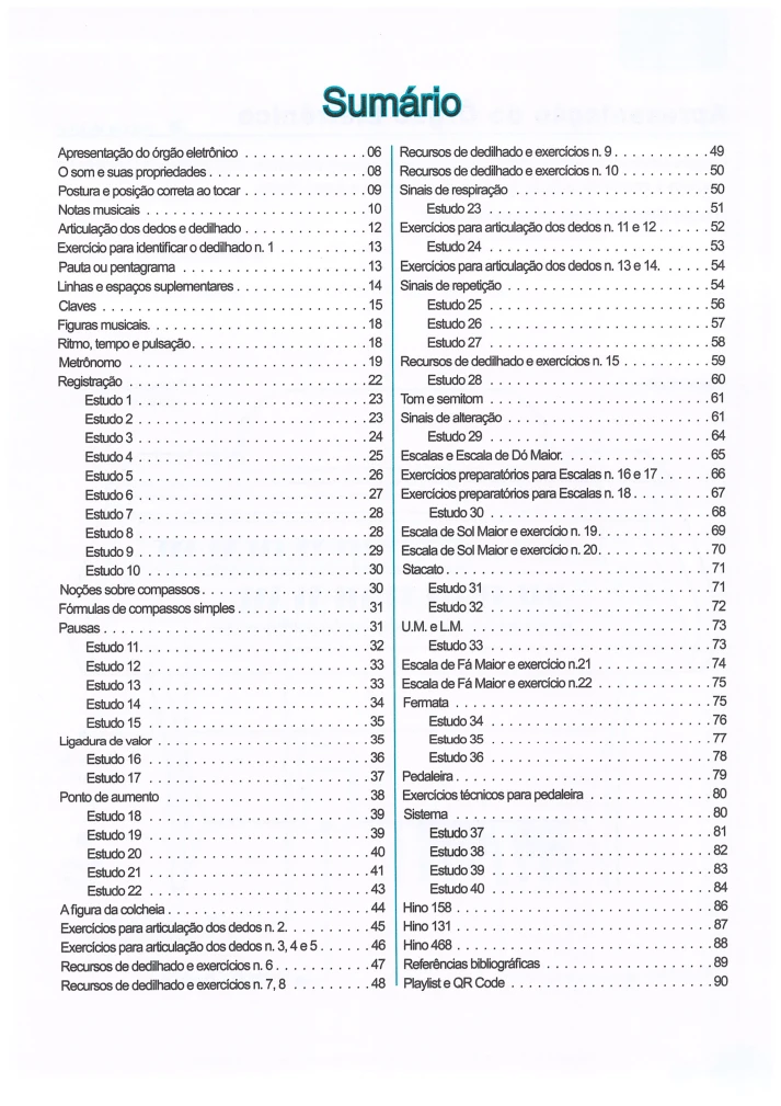 Miolo Estudos para Órgão Eletrônico Aplicados ao Hinário V1 2 Uma página impressa de sumário com lista de tópicos e números de páginas correspondentes.