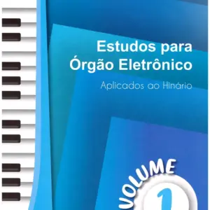 Capa azul com teclado de piano à esquerda e texto sobre estudos musicais.