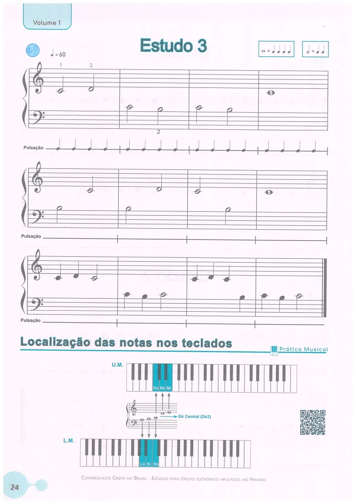 Miolo Estudos para Órgão Eletrônico Aplicados ao Hinário V1 5 Folha com partitura musical e diagramas de teclado indicando notas.