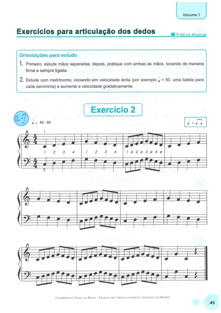 Miolo Estudos para Órgão Eletrônico Aplicados ao Hinário V1 6 Página de livro didático com exercícios musicais para articulação dos dedos no teclado.