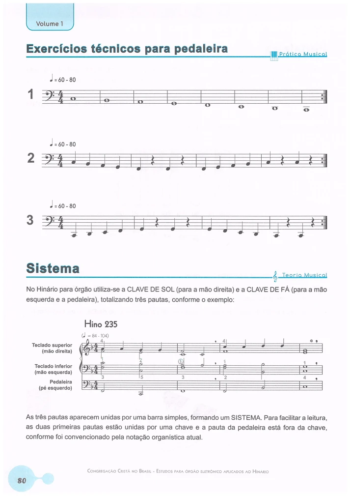 Miolo Estudos para Órgão Eletrônico Aplicados ao Hinário V1 8 Página de apostila com exercícios técnicos de música para pedaleira de órgão eletrônico.