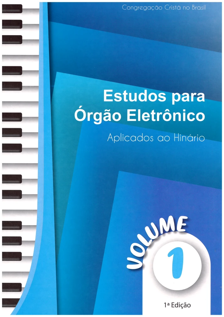 Miolo Estudos para Órgão Eletrônico Aplicados ao Hinário V1 1 Capa azul com teclado de piano à esquerda e texto sobre estudos musicais.