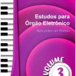 Capa de livro com teclado de piano e círculos em tons de roxo.