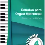 Capa de livro sobre estudos para órgão eletrônico com teclas de piano na lateral.