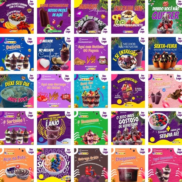 Modelos Canva Açaí 200 Templates Editáveis + Bônus