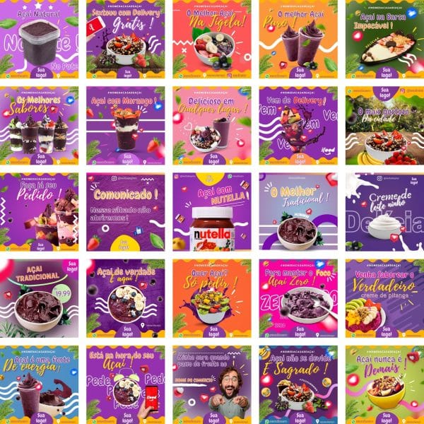 Modelos Canva Açaí 200 Templates Editáveis + Bônus