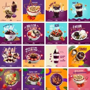Uma grade de doze imagens digitais promocionais mostrando tigelas e copos de açaí decorados.