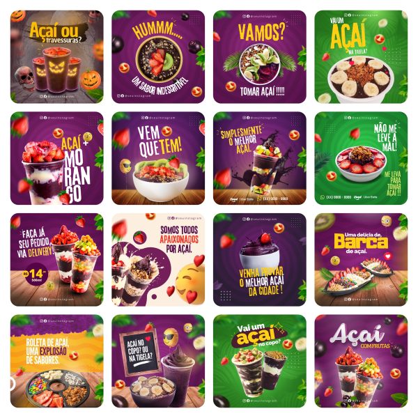 Modelos Canva Açaí 65 Templates Editáveis + Bônus