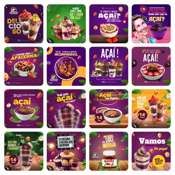 Modelos Canva Açaí 65 Templates Editáveis + Bônus