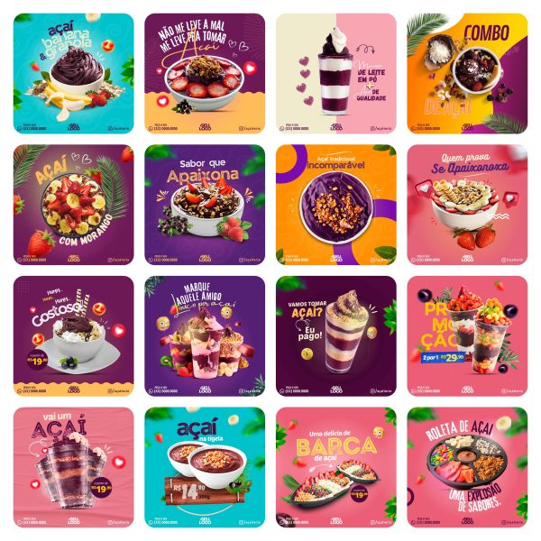 Modelos Canva Açaí 65 Templates Editáveis + Bônus