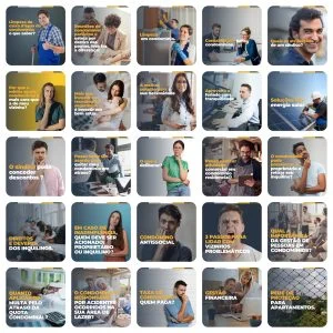 Mosaico com vinte e cinco imagens sobre gestão e convivência em condomínios