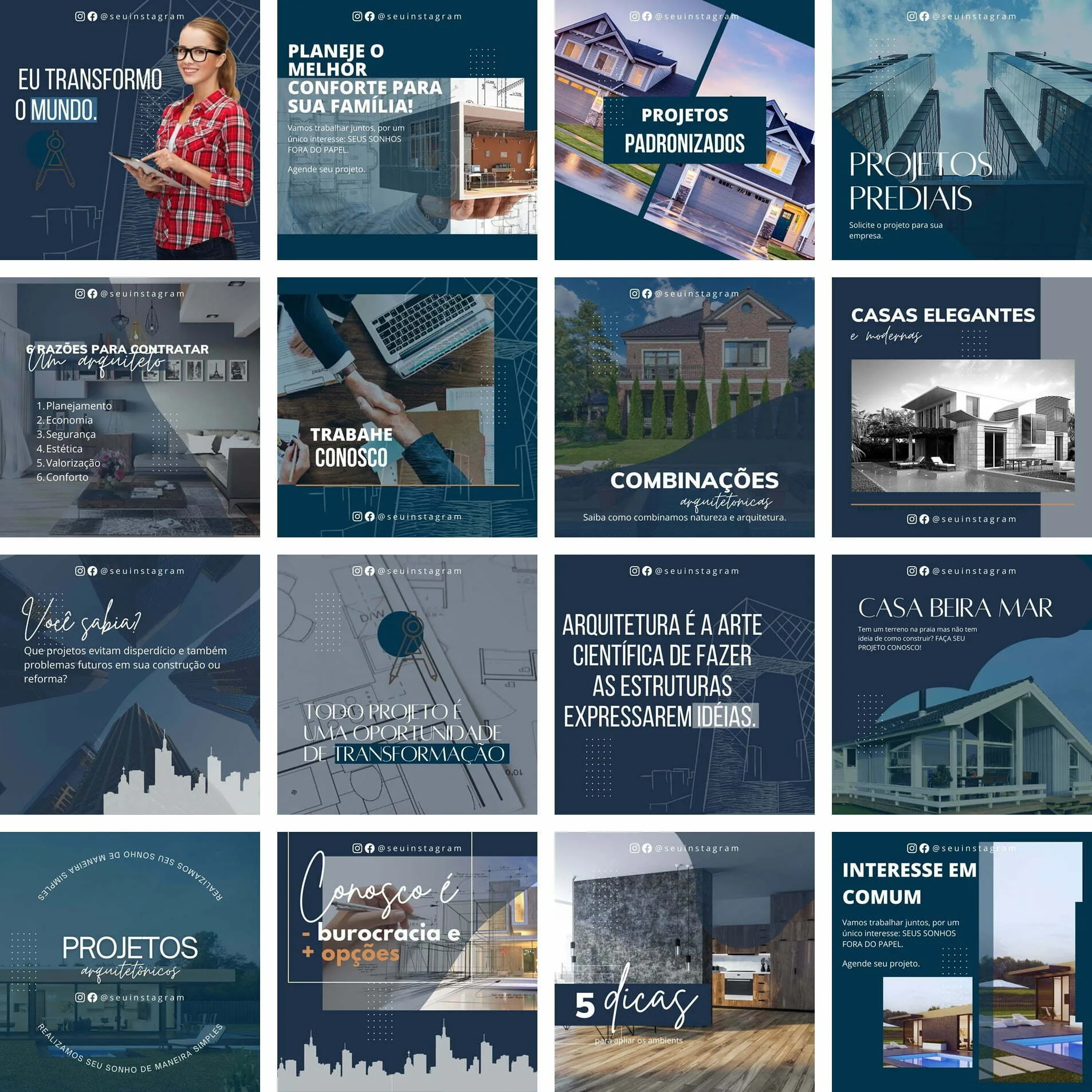 Mosaico com posts de redes sociais sobre arquitetura, contendo fotos de casas e textos explicativos.