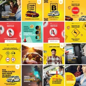 Coleção de doze imagens digitais com temas de autoescola e sinalização de trânsito.