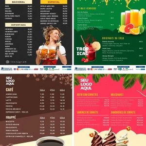 Cardápio digital colorido com listas de bebidas, cafés, sorvetes e preços.