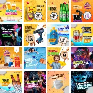Coleção de doze banners promocionais com temas de carnaval e ofertas diversas.