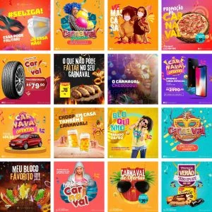 Coleção de templates digitais de anúncios com temas variados para redes sociais.