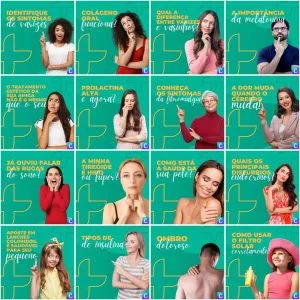 Mosaico de imagens com pessoas diferentes e textos educativos sobre saúde em fundo verde.