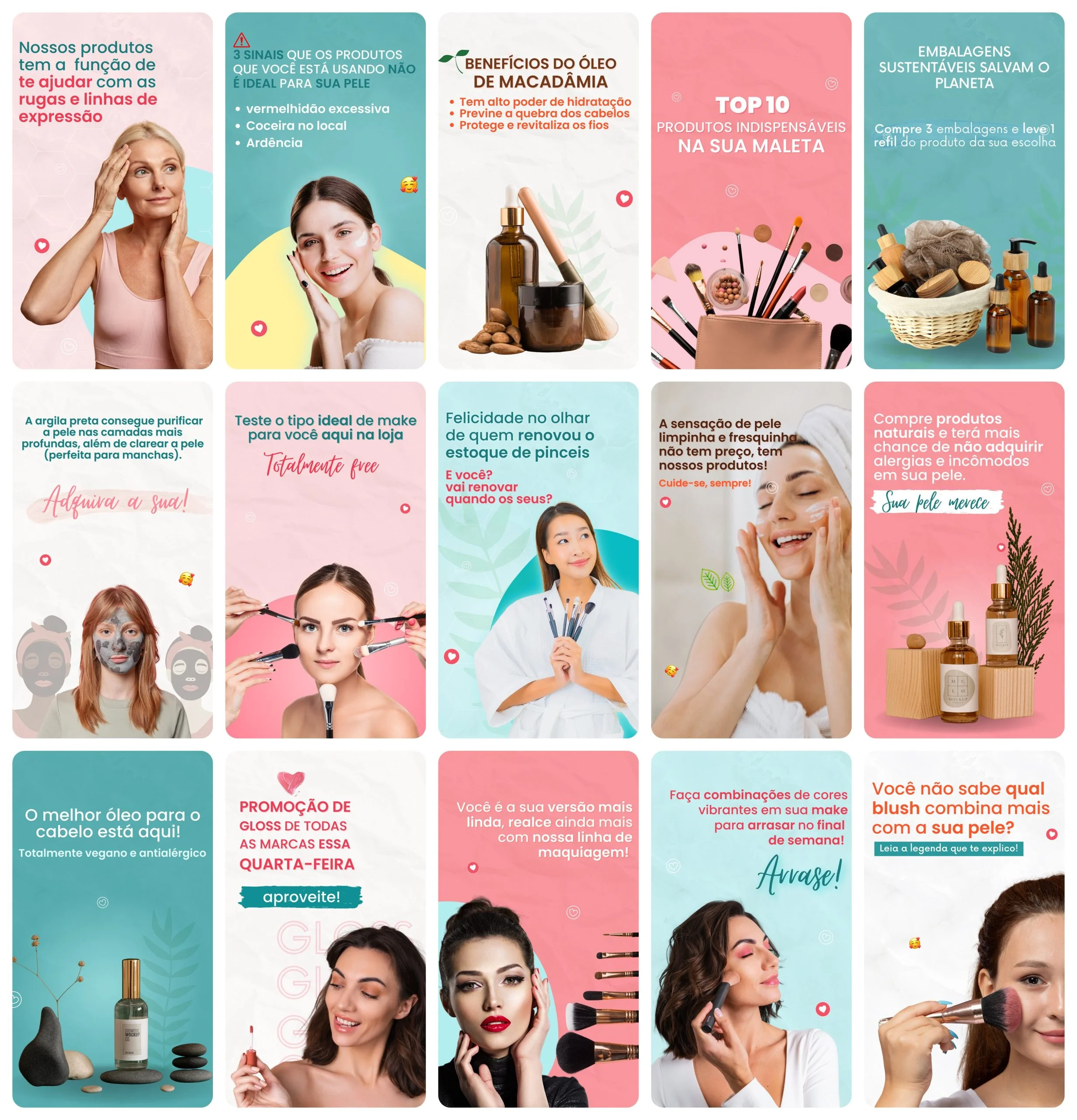 Coleção de quinze imagens digitais de beleza com modelos femininas, maquiagem e produtos.