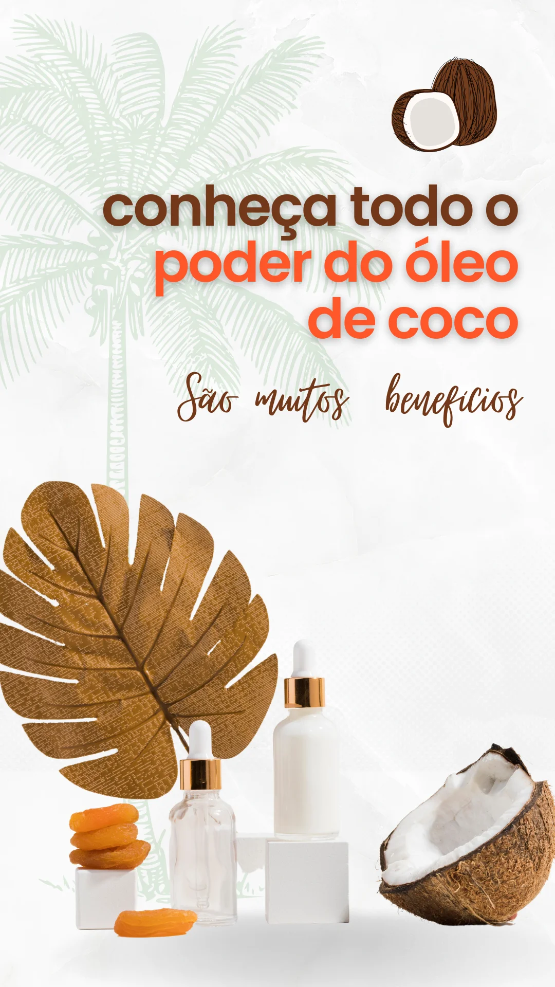 Arte digital com texto sobre óleo de coco, frascos de vidro, folhas e coco