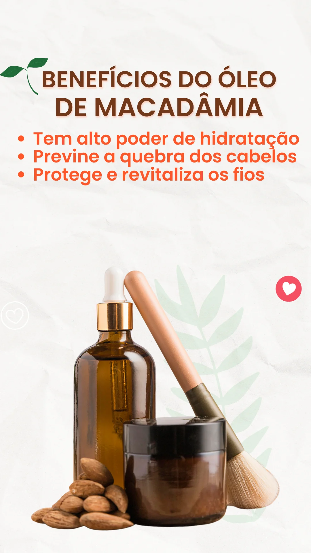 Arte digital informativa listando os benefícios do óleo capilar com frascos e castanhas