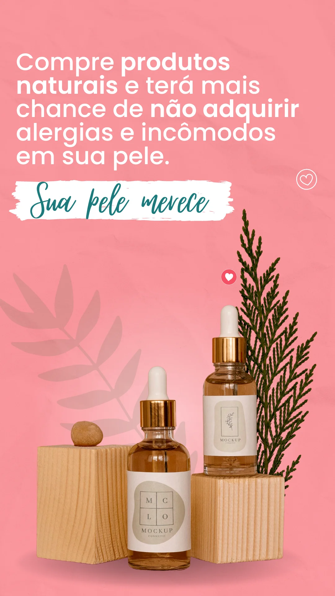 Dois frascos de vidro com conta-gotas sobre blocos de madeira em fundo rosa.