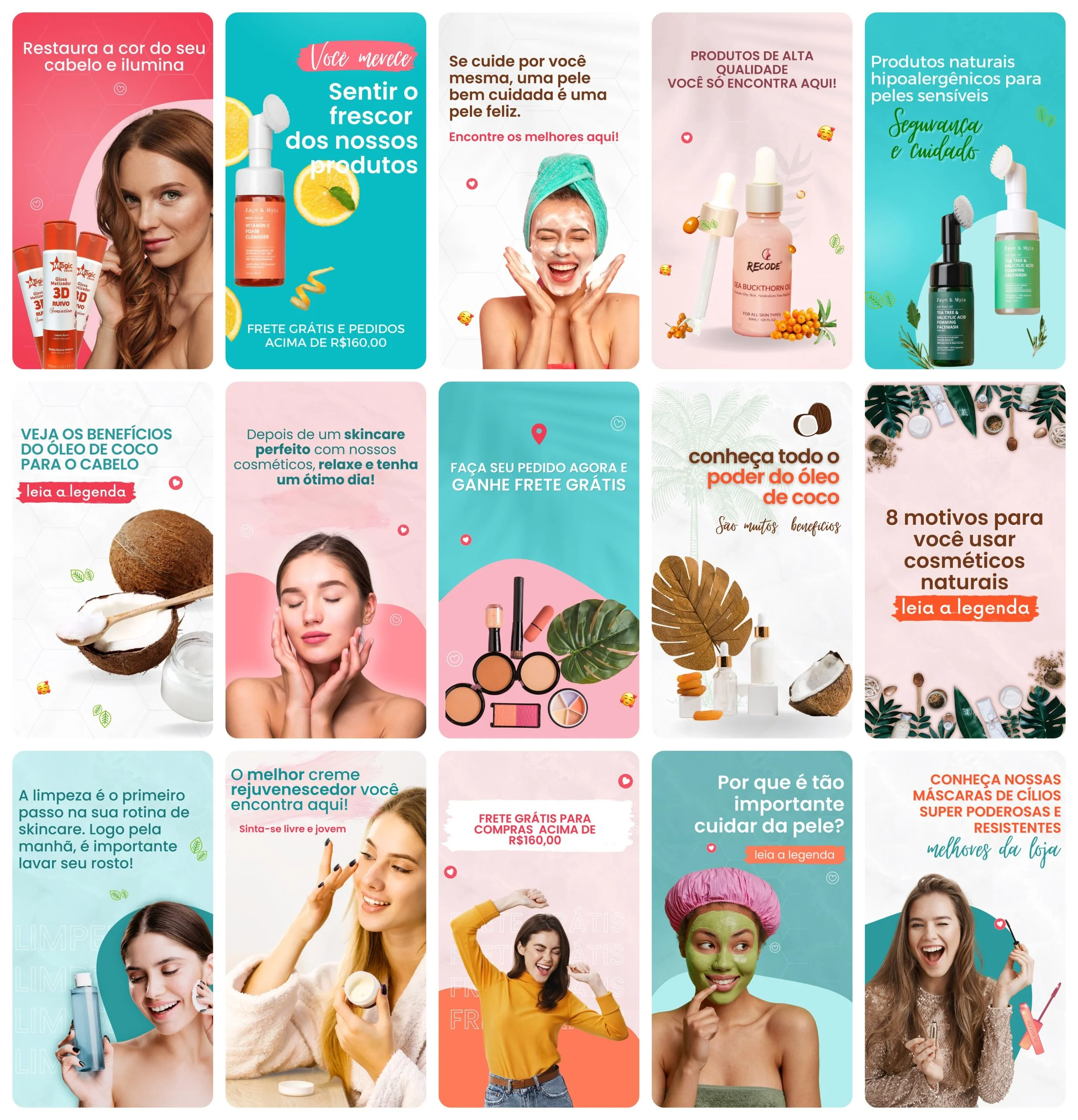 Mosaico com quinze imagens digitais de produtos cosméticos e cuidados com a pele.