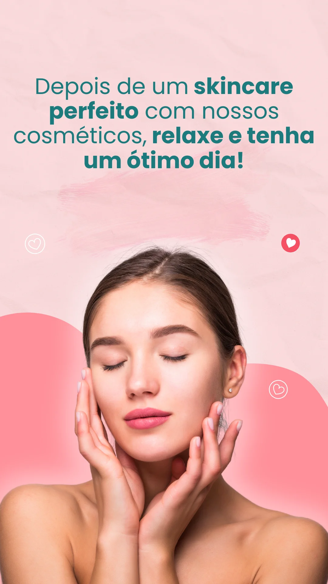 Mulher com olhos fechados e mãos no rosto em fundo rosa.