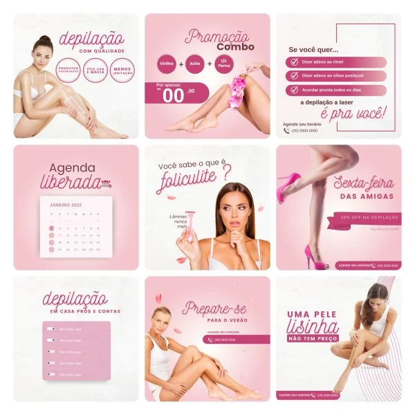 Modelos Canva Depilação Epilação 30 Templates Editáveis + Bônus