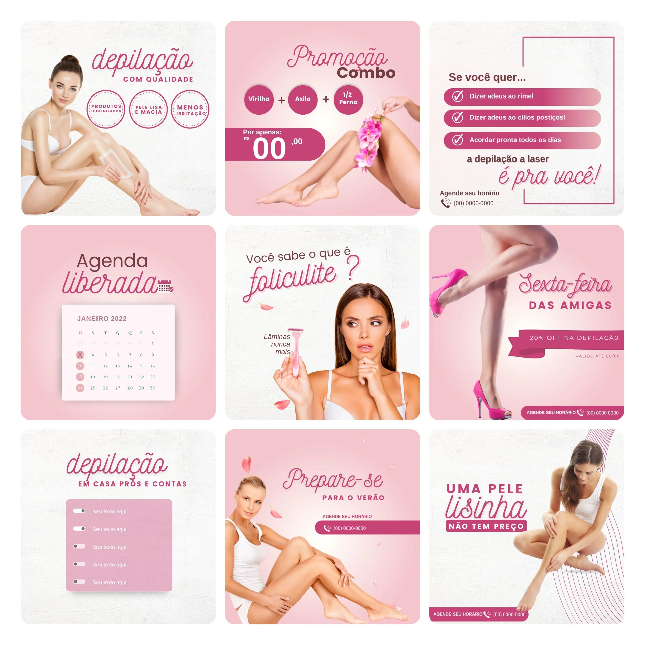 Modelos Canva Depilação Epilação 30 Templates Editáveis + Bônus