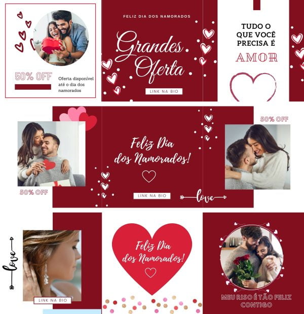 Modelos Canva Dia dos Namorados Carrossel 6 Templates Editáveis + Bônus