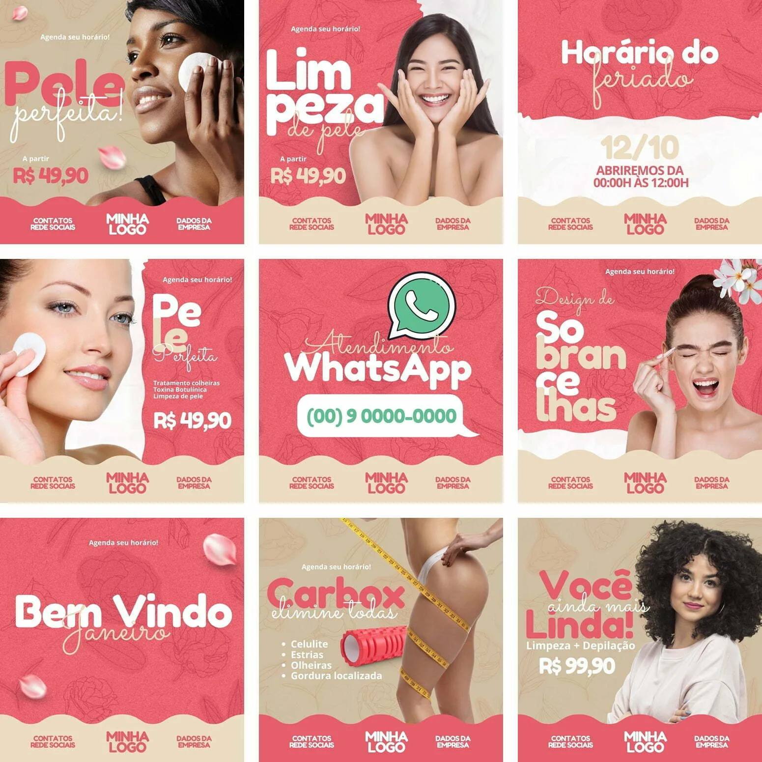 Conjunto de nove artes gráficas com temática de estética e beleza facial e corporal.