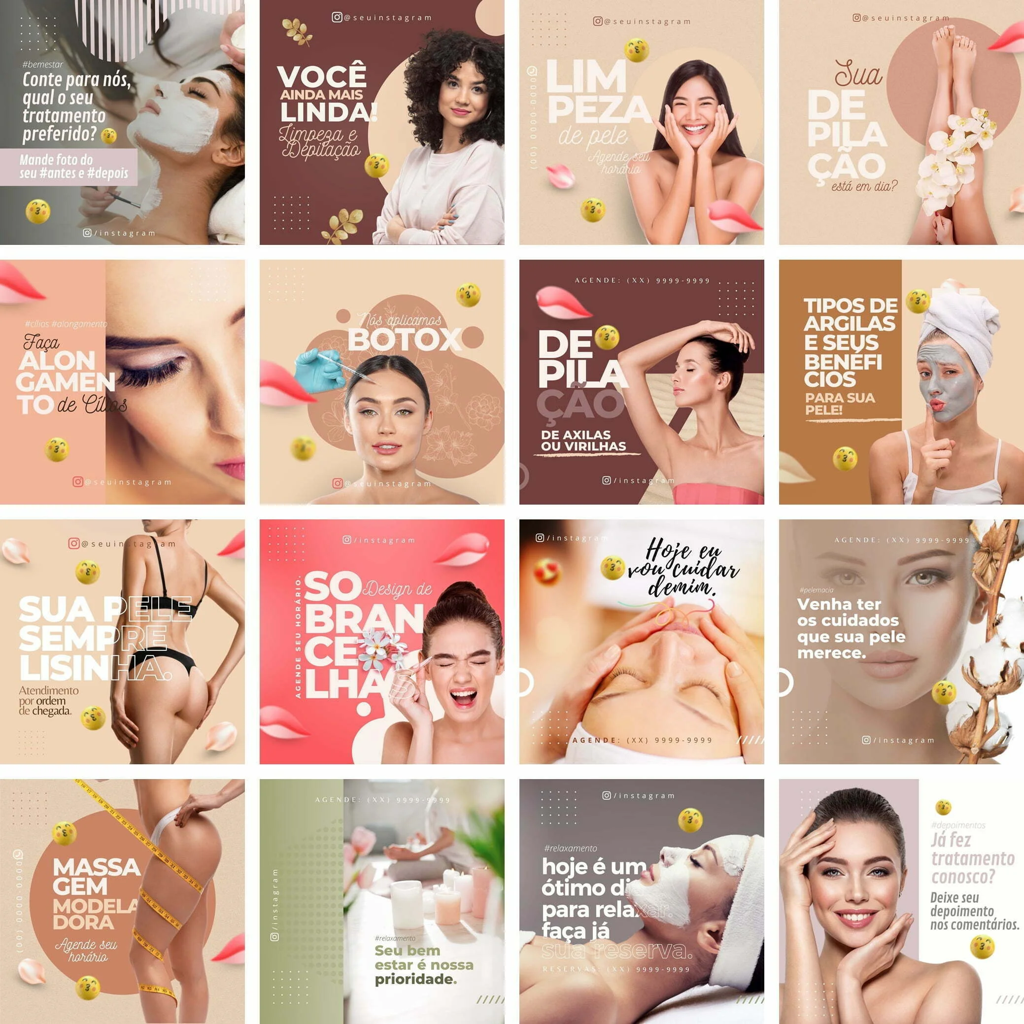Uma grade de dezesseis imagens com anúncios de procedimentos estéticos e de beleza.