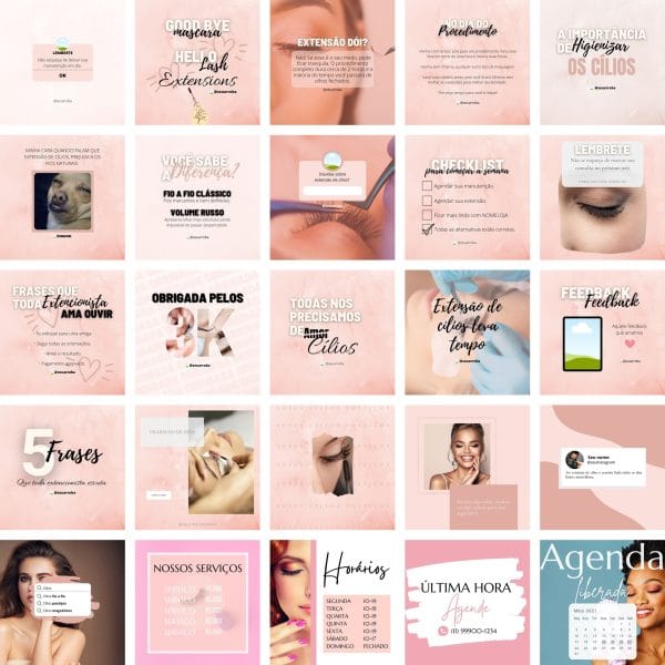 Modelos Canva Extensão de Cílios 2.0 25 Templates Editáveis + Bônus