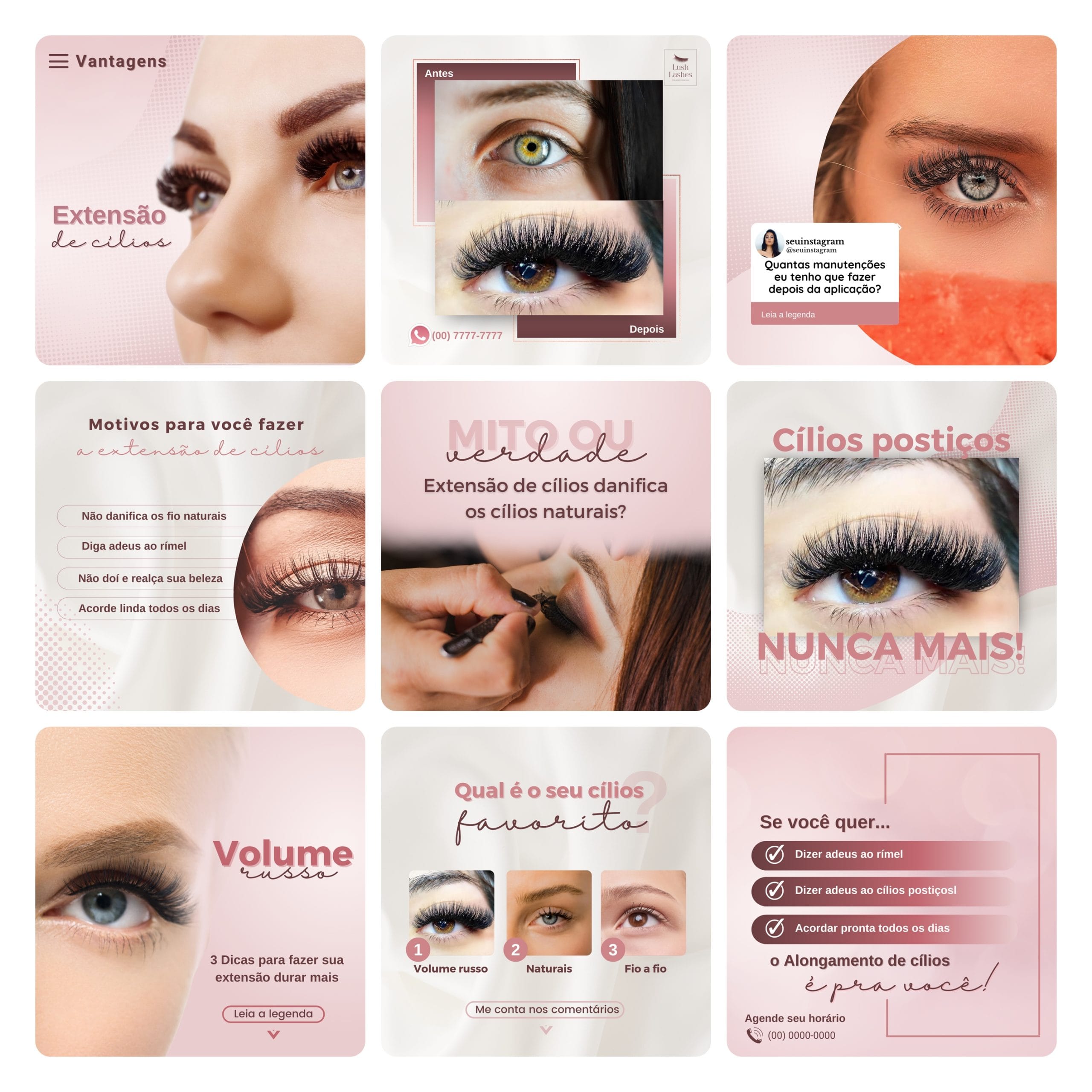 Modelos Canva Extensão de Cílios 30 Templates Editáveis + Bônus 2 Modelos Canva Extensão de Cílios 30 Templates Editáveis + Bônus