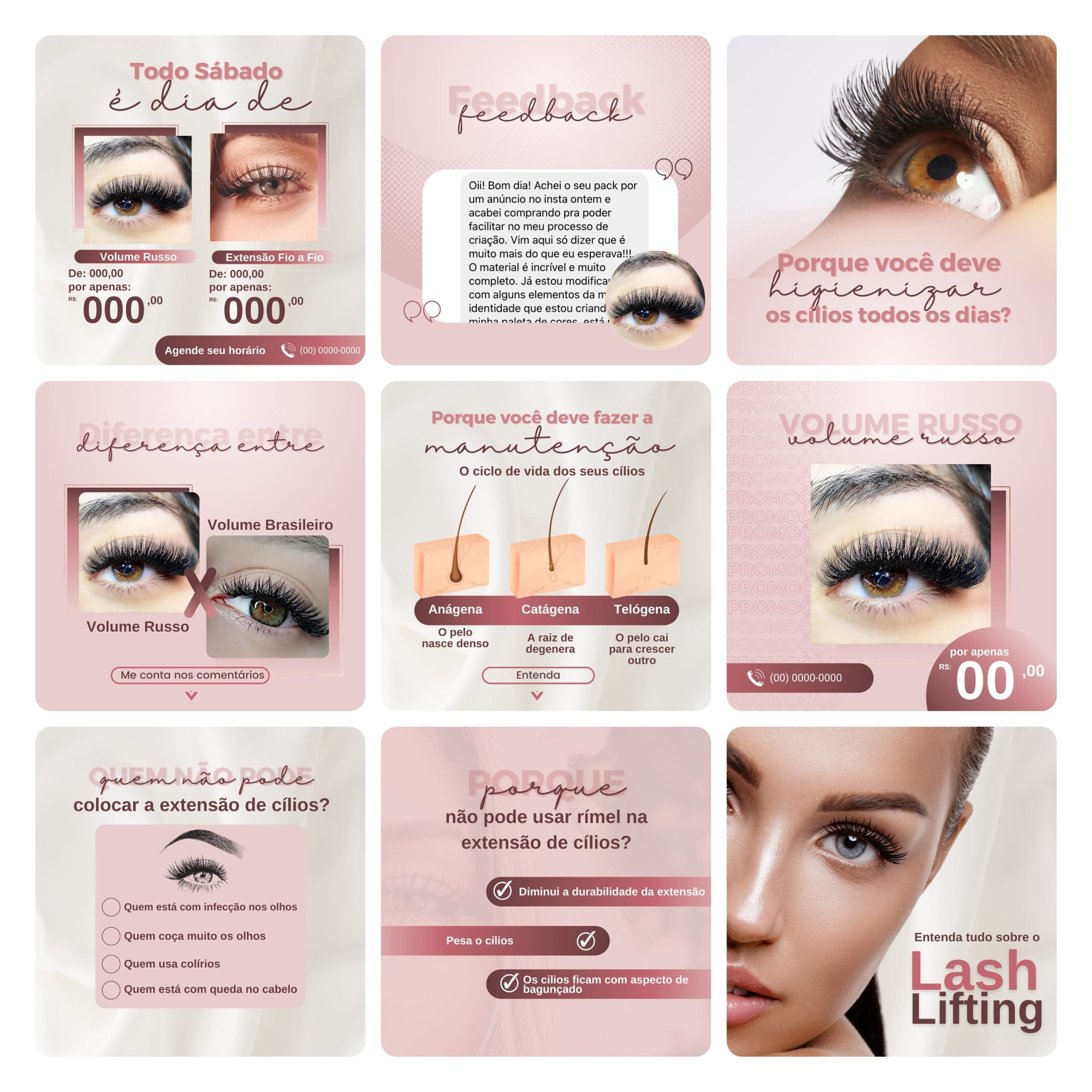 Modelos Canva Extensão de Cílios 30 Templates Editáveis + Bônus 3 Modelos Canva Extensão de Cílios 30 Templates Editáveis + Bônus