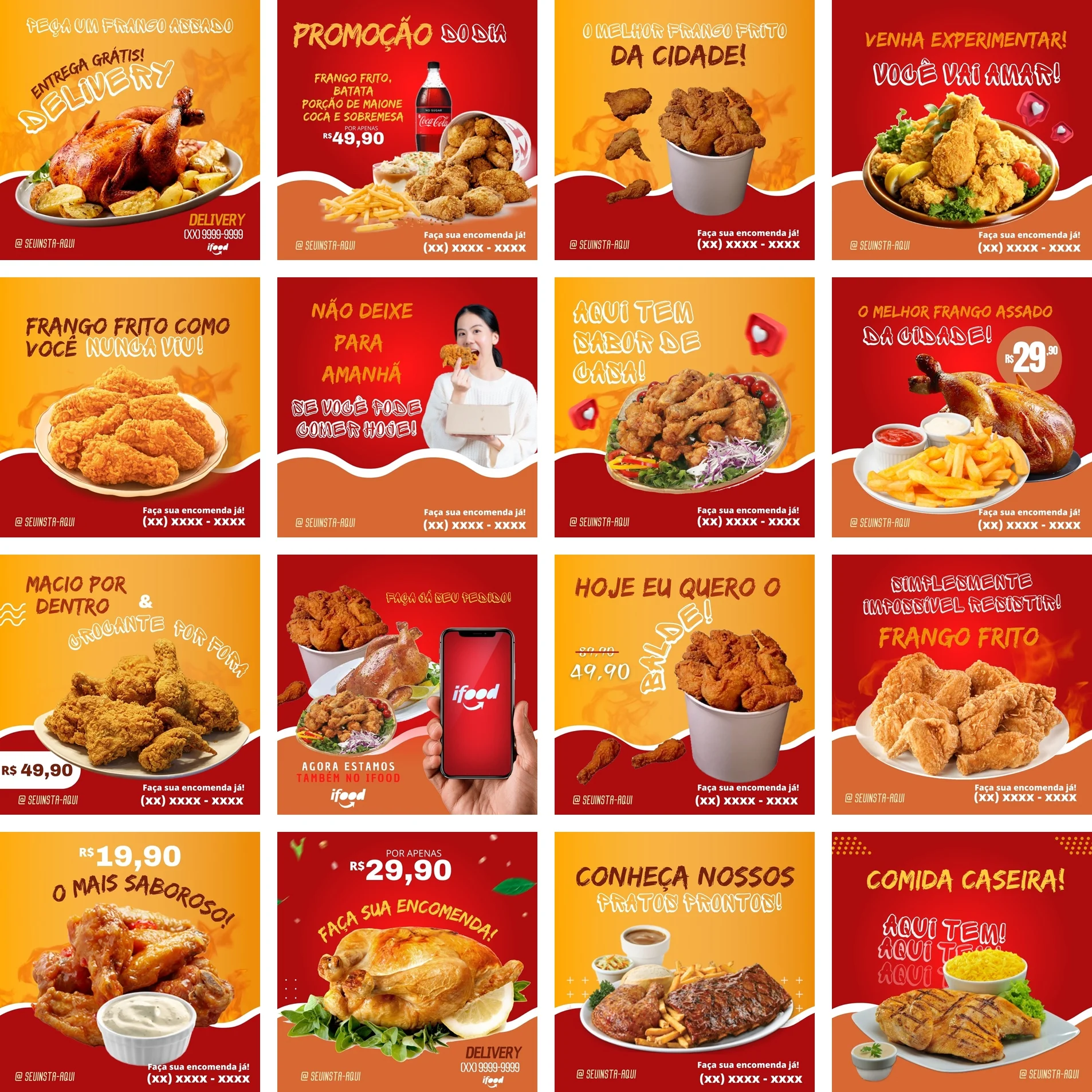 Uma colagem de doze cartazes promocionais mostrando imagens de frango frito e assado.