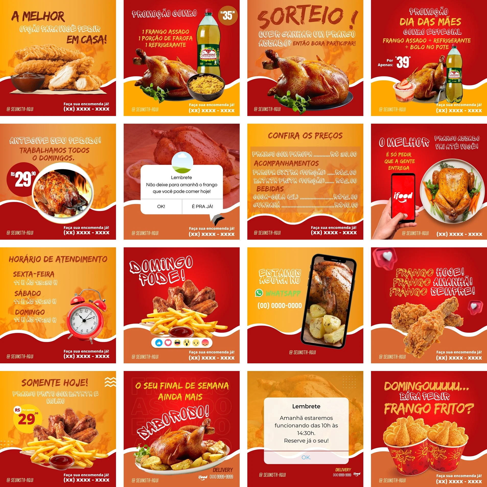 Uma grade de doze cartazes promocionais digitais exibindo frango assado e frito para venda.
