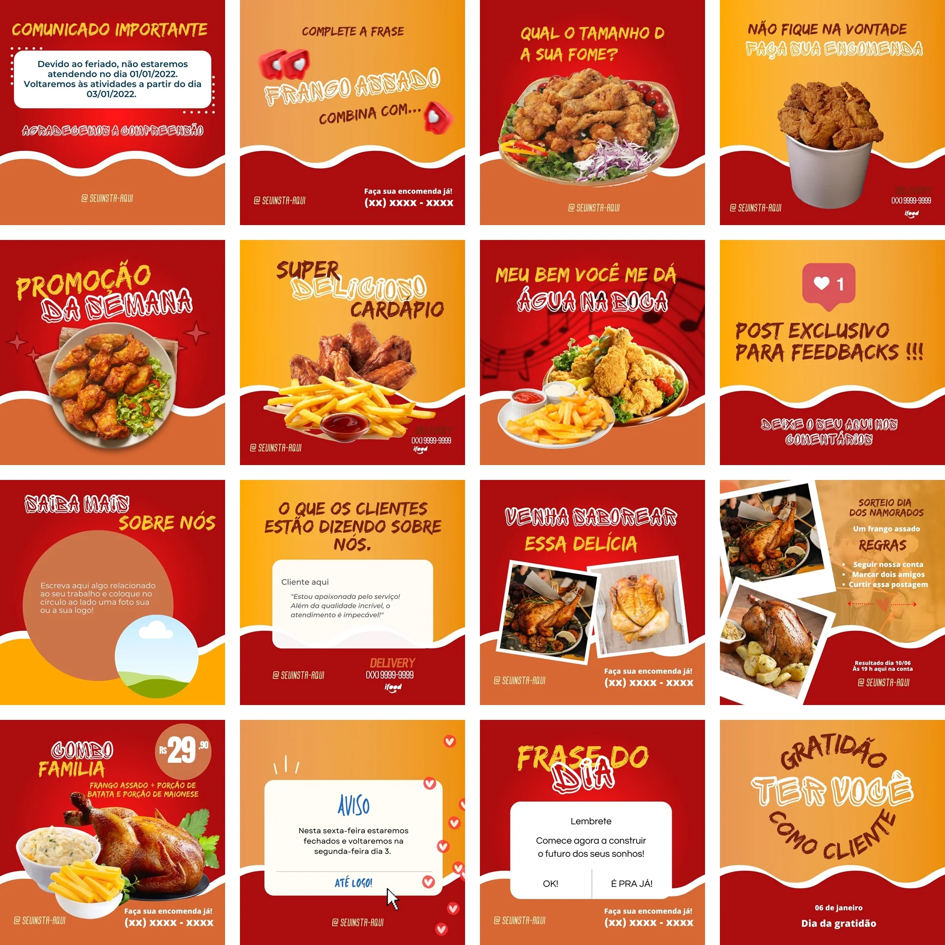 Uma grade de doze posts para redes sociais focados em venda de frango assado.