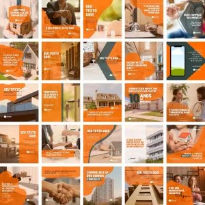 Grade de artes digitais sobre o mercado imobiliário com fotos e textos promocionais.