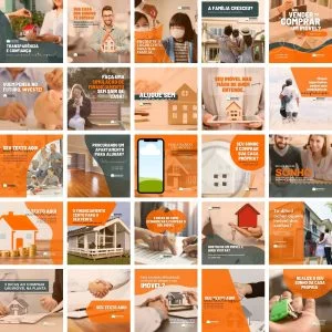 Conjunto de peças publicitárias digitais voltadas para o mercado imobiliário com tons alaranjados.