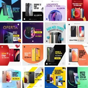 Grade de artes digitais exibindo diversos modelos de smartphones com seus preços e nomes.