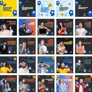 Coleção de cartazes digitais sobre reparos e manutenção de notebooks e computadores.