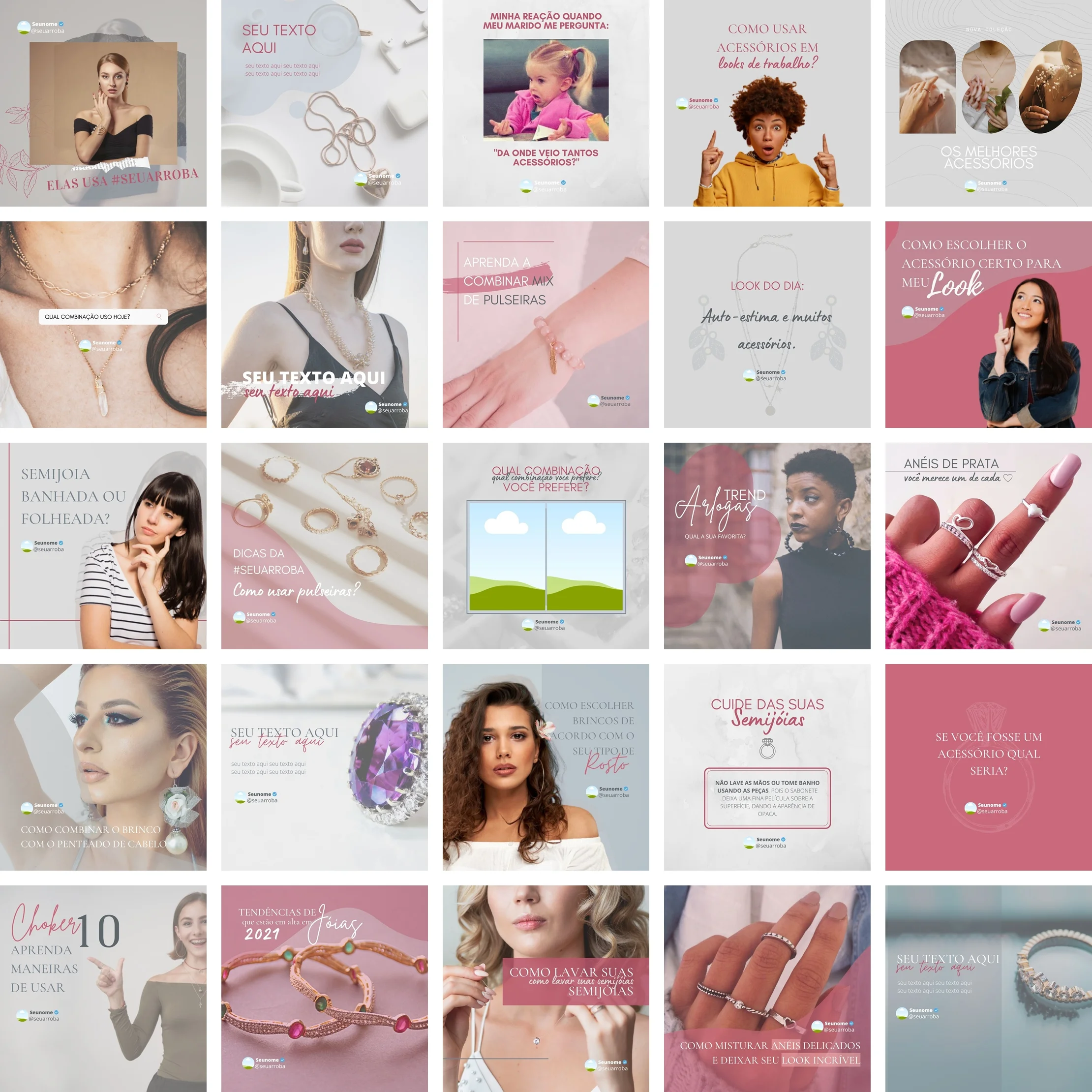 Modelos Canva Loja de Jóias 2.0 25 Templates Editáveis + Bônus 1 Uma grade de vinte artes digitais com fotos de modelos, acessórios e textos educativos.