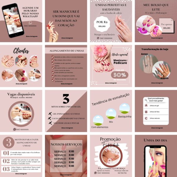 Modelos Canva Manicure e Pedicure 100 Templates Editáveis + Bônus