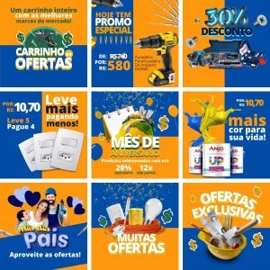 Painel com diversos produtos de construção e reforma em promoção com textos promocionais.