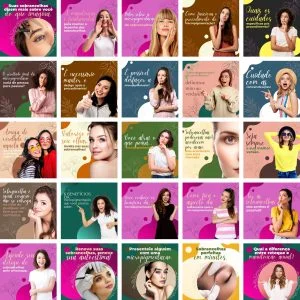 Coleção de vinte quadrados de arte digital para redes sociais com mulheres e textos.
