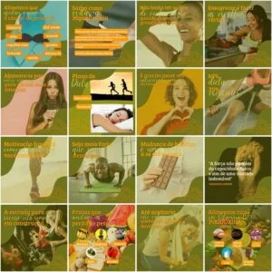 Modelos Canva Nutricionista Nutrição 200 Templates Editáveis + Legendas 4 Uma grade de doze posts informativos com imagens, textos e ilustrações sobre saúde.