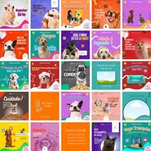 Conjunto de vinte modelos de postagens digitais coloridas para redes sociais sobre animais domésticos.