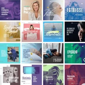 Uma grade de dezesseis posts sobre saúde mental com fotos e textos informativos.
