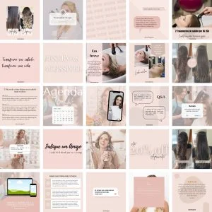 Modelos Canva Salão de Beleza 2.0 25 Templates Editáveis + Bônus 13 Grid de artes digitais mostrando fotos de cabelo e textos informativos em tons claros.